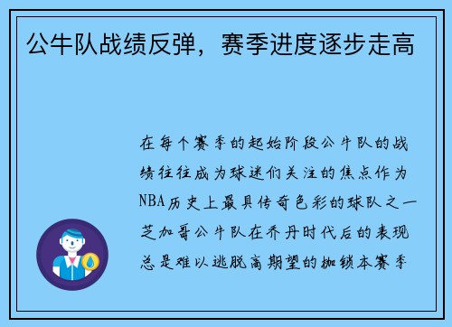 公牛队战绩反弹，赛季进度逐步走高