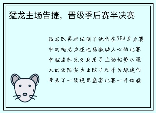 猛龙主场告捷，晋级季后赛半决赛